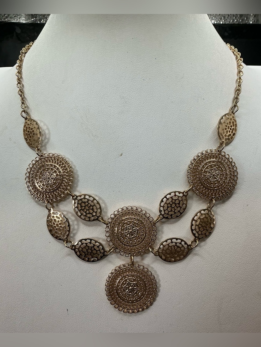 CHARMING CHARLIE BIB STYLE GOLD TONE MEDALLION STATEMENT NECKLACE